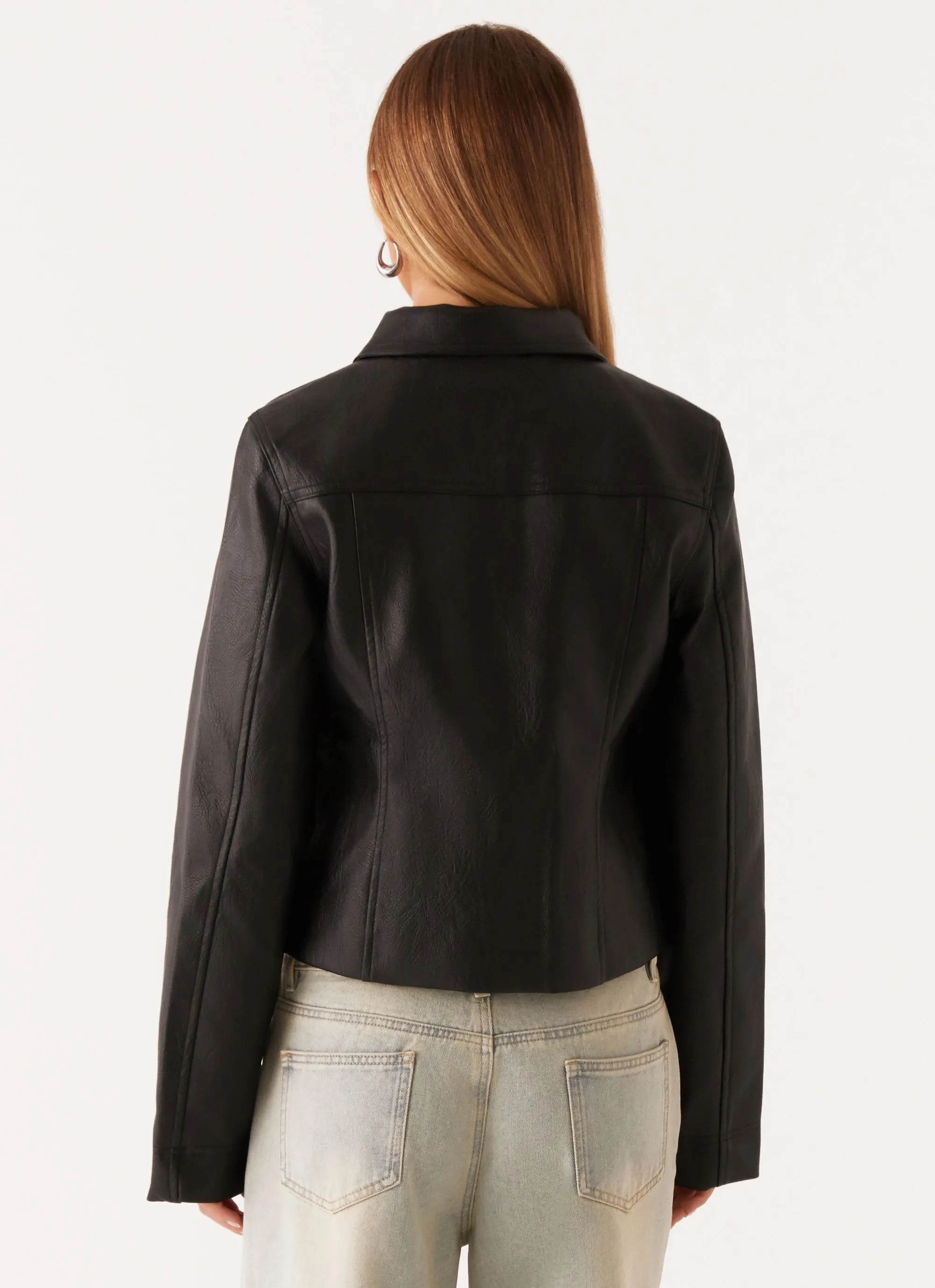 Rainy Day RibbedKnitCollar Verona Faux Leather Jacket - Black