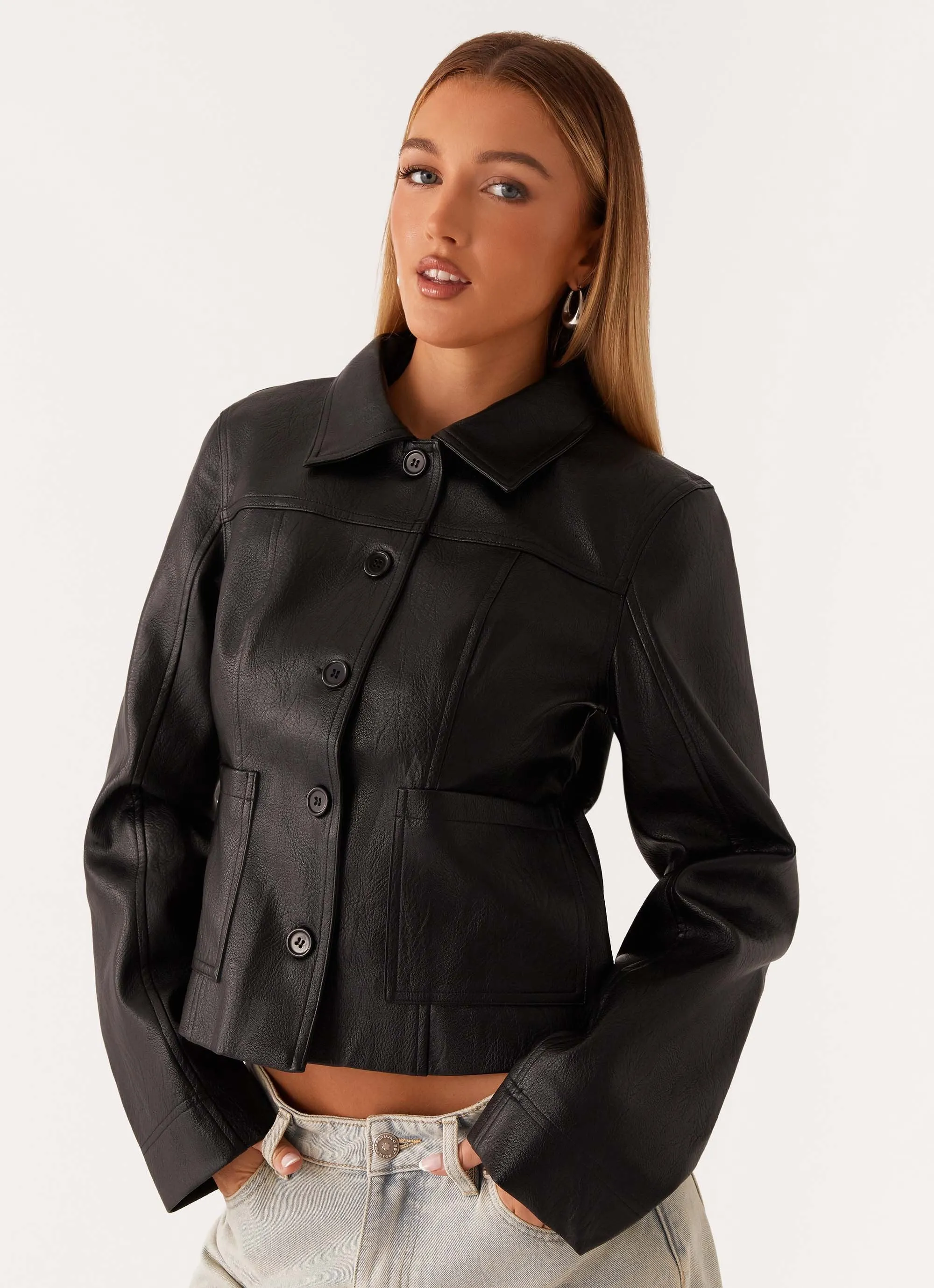 Verona Faux Leather Jacket - Black Relaxed Fit Structure