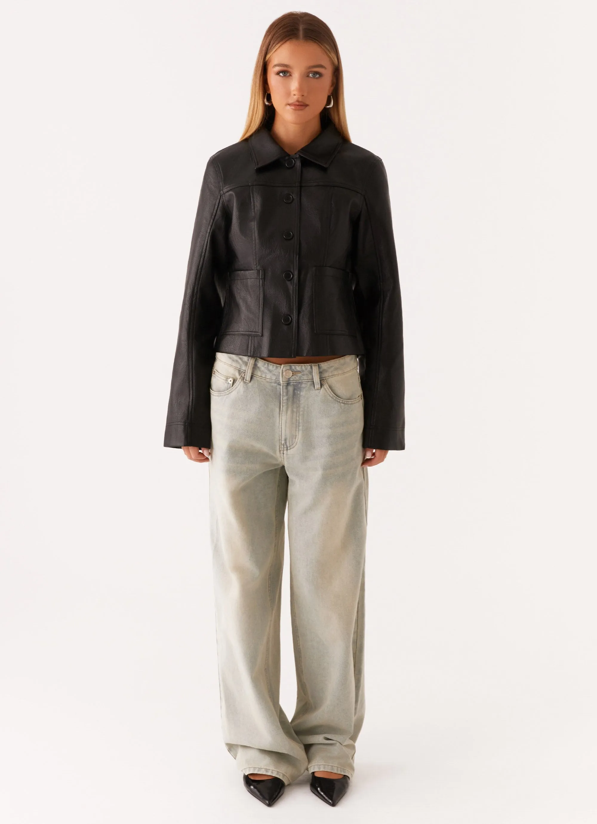 Cashmere Blend Many Pockets Verona Faux Leather Jacket - Black