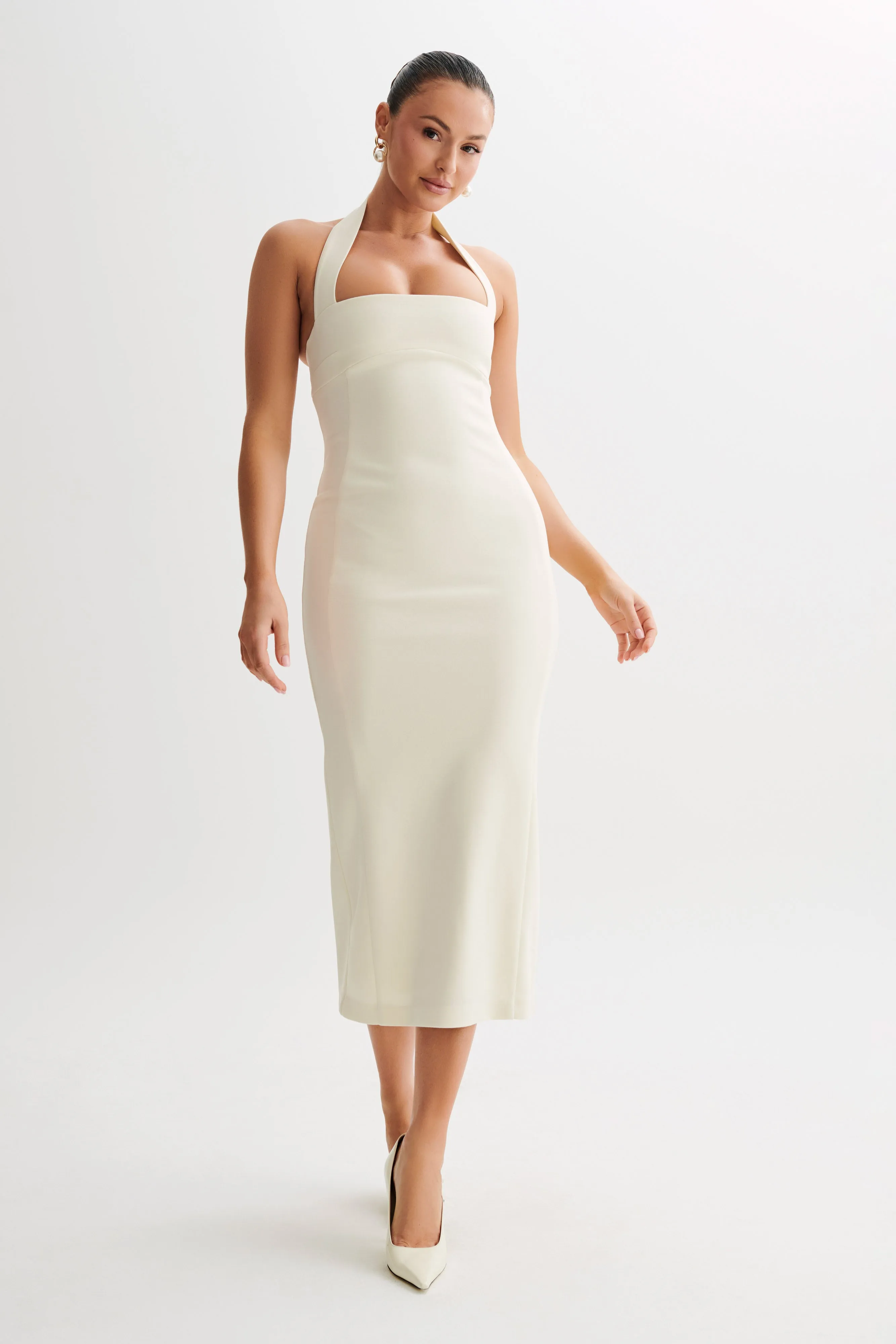 Chilly Day Layers Amelita Suiting Halter Midi Dress - Ivory