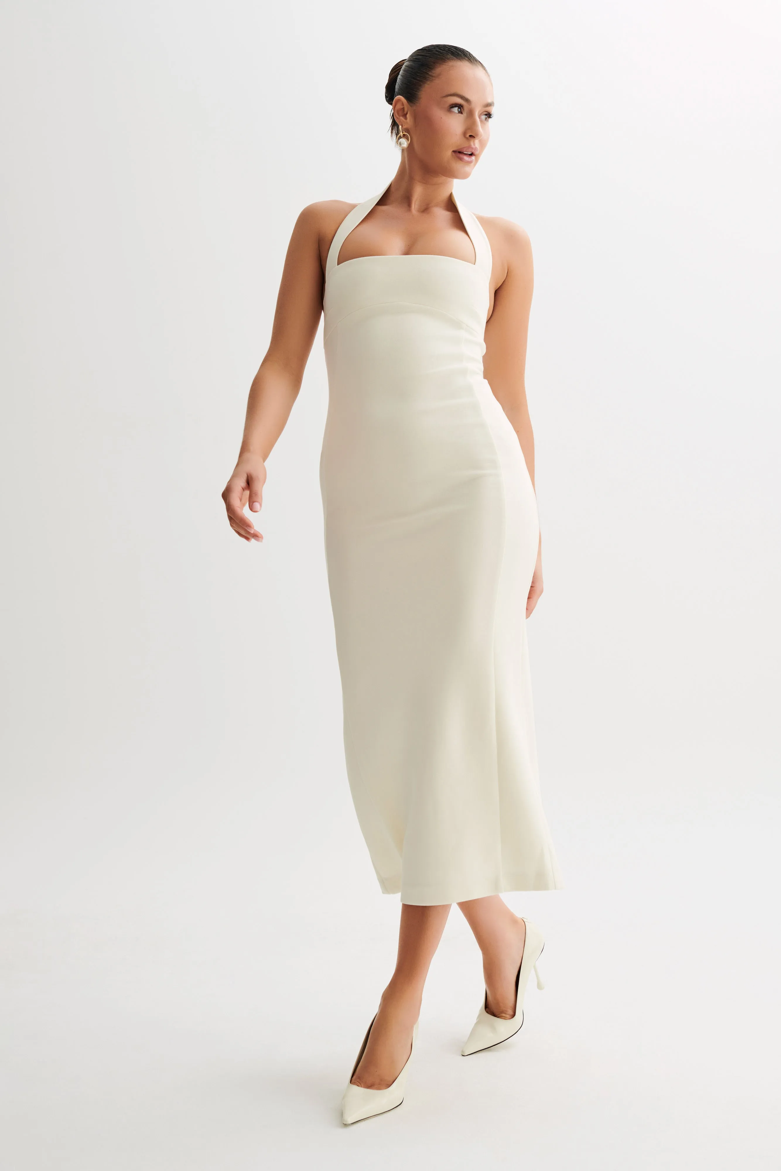 Amelita Suiting Halter Midi Dress - Ivory Relaxed and Effortless knee-length