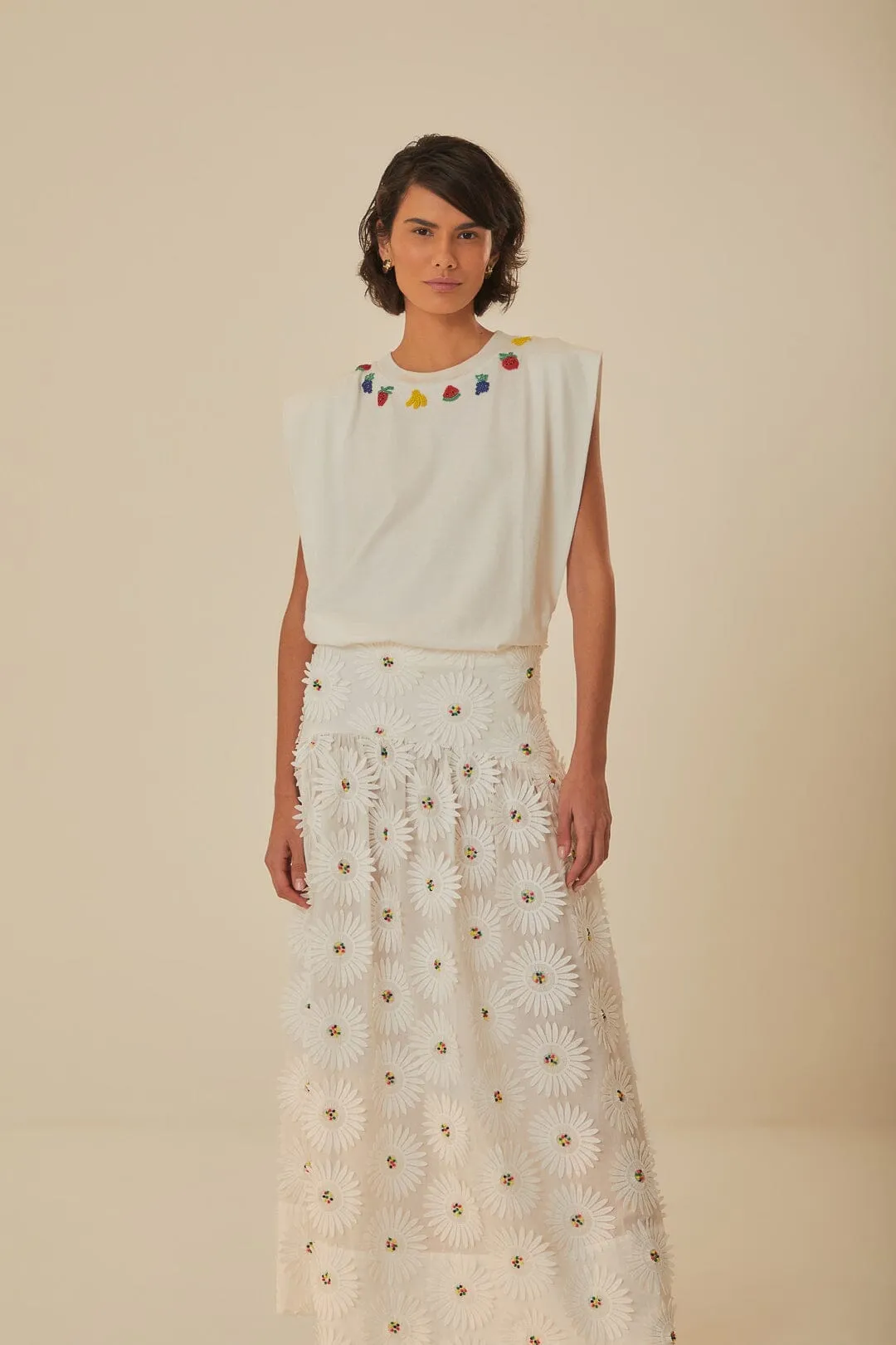 understated look White Daisy 3D Flower Embroidered Maxi Skirt