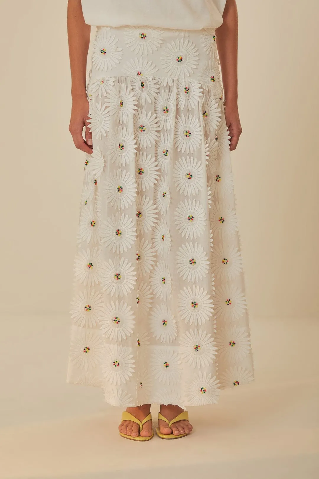 Crisp Finish Tonal Look White Daisy 3D Flower Embroidered Maxi Skirt
