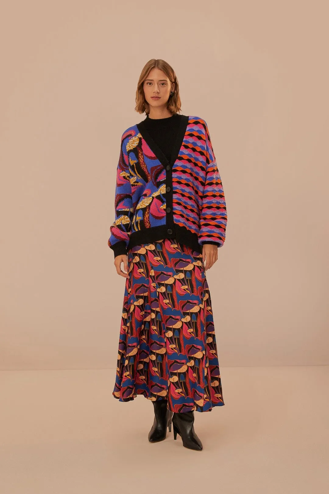 Spring Brunch Double Stitched Wild Mushrooms Black Maxi Skirt