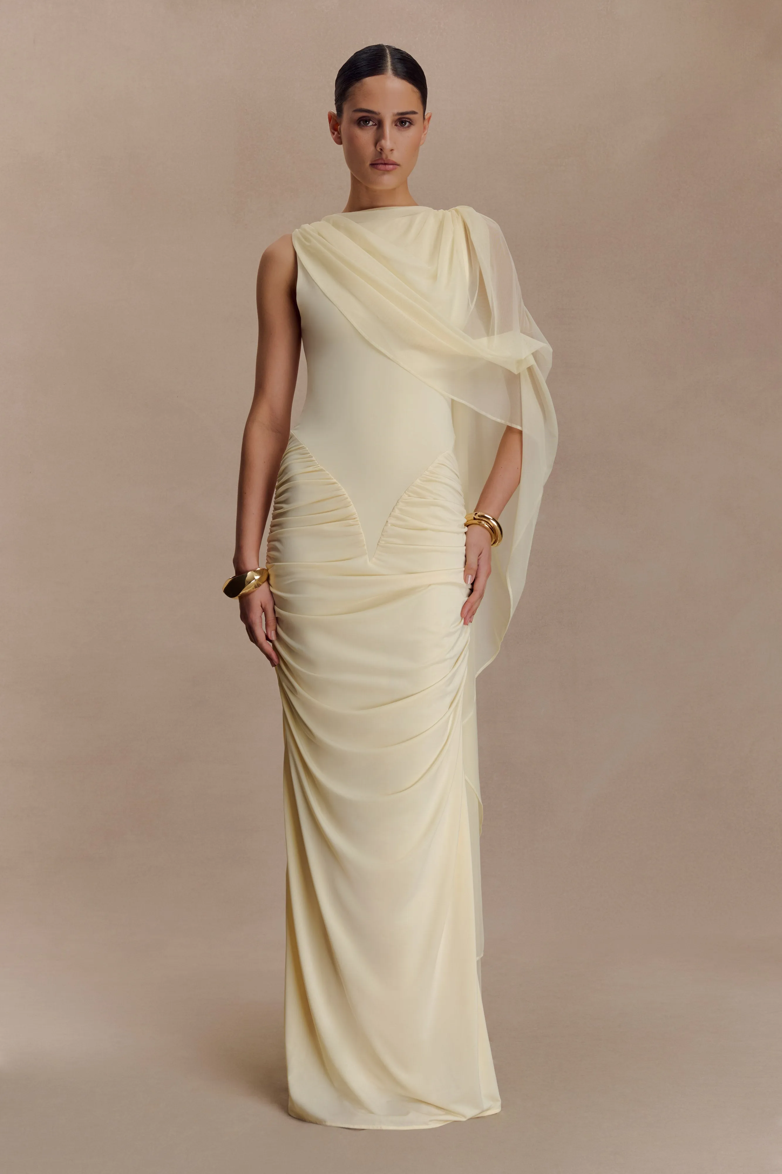 Neutral-Shade Warranty-Included Amandine Ruched Slinky Maxi Dress - Lemon