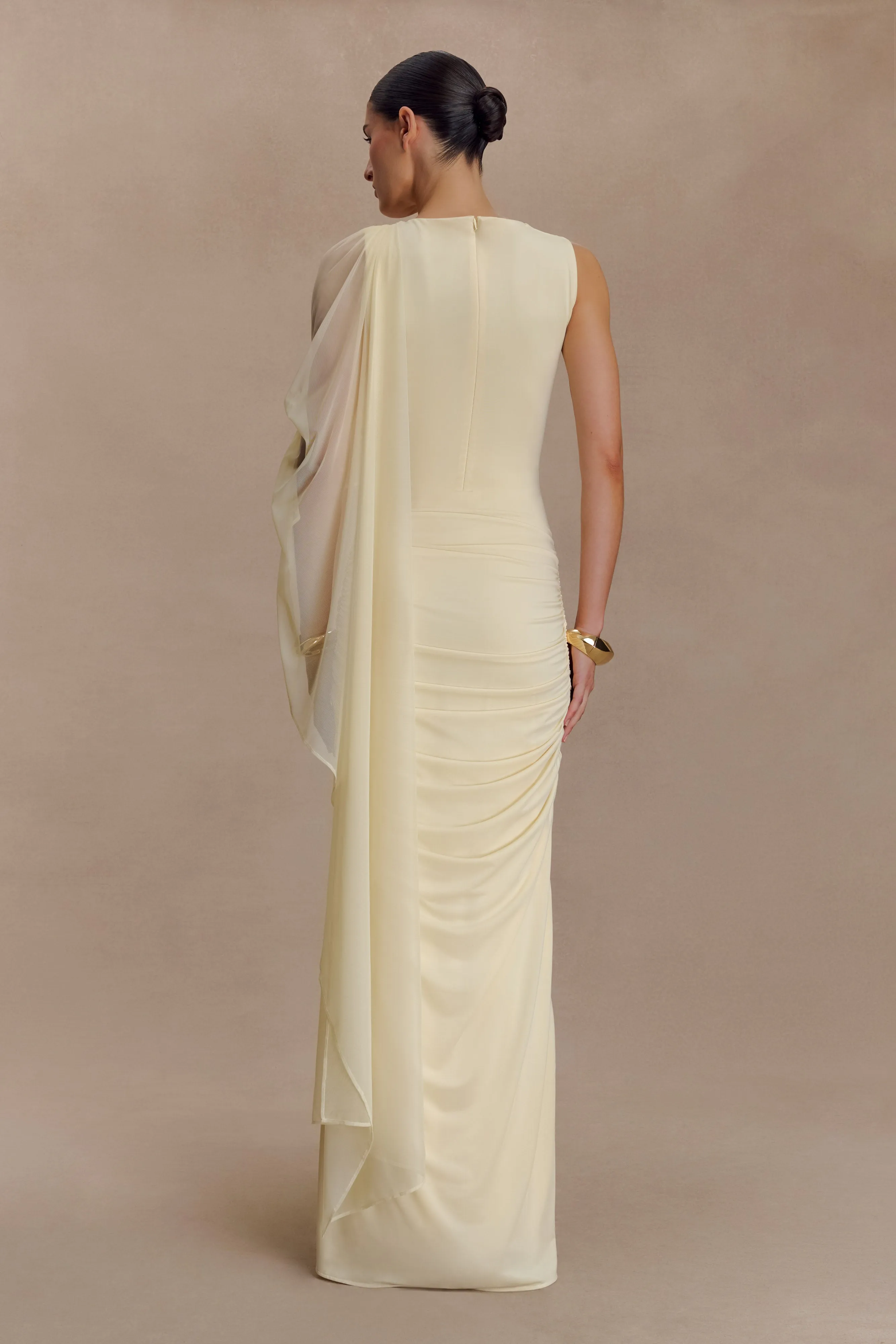 Amandine Ruched Slinky Maxi Dress - Lemon Relaxed Waist Soft Material