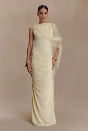 Neutral-Shade Warranty-Included Amandine Ruched Slinky Maxi Dress - Lemon