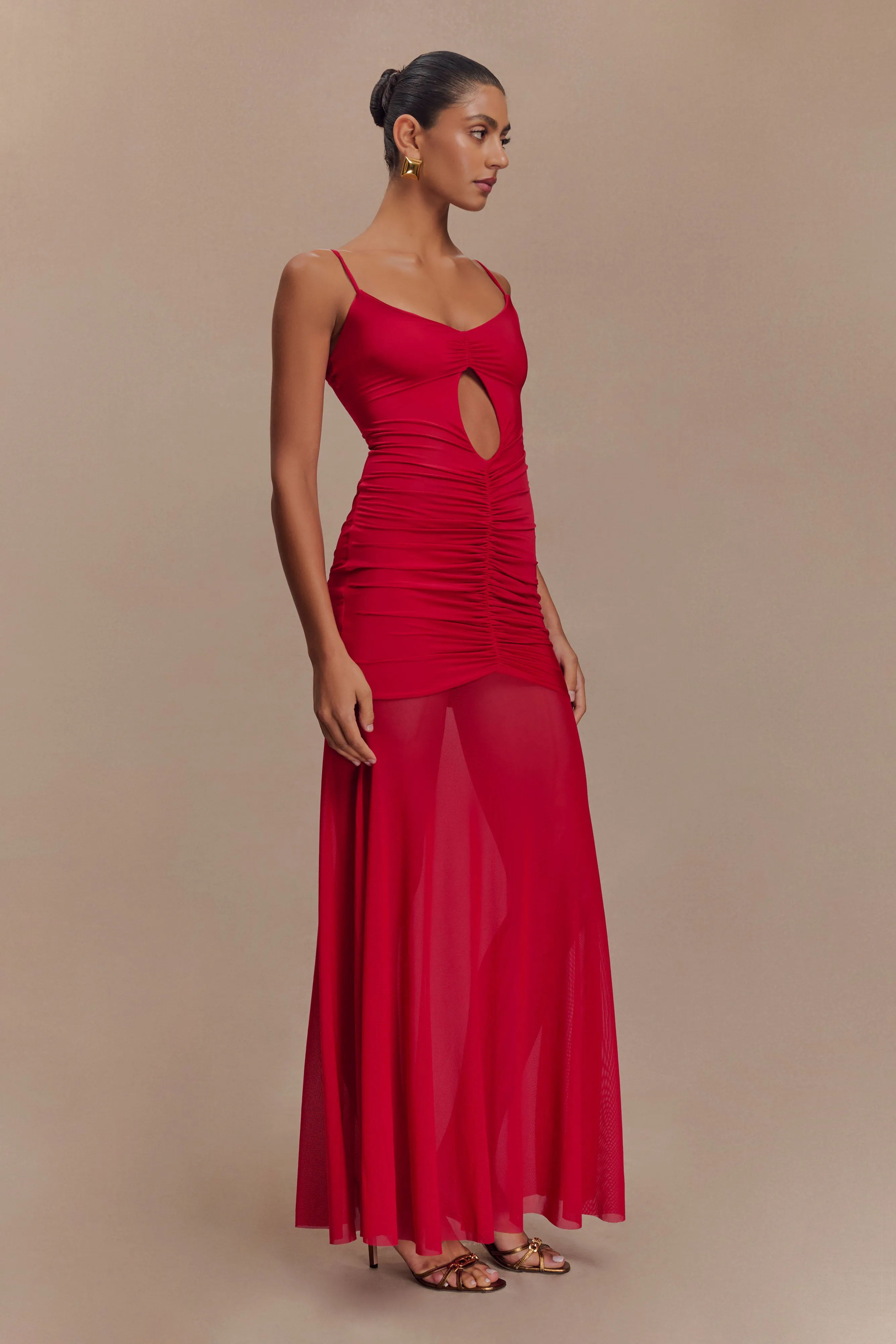 Relaxed Vibe Delaney Slinky And Mesh Maxi Dress - Red