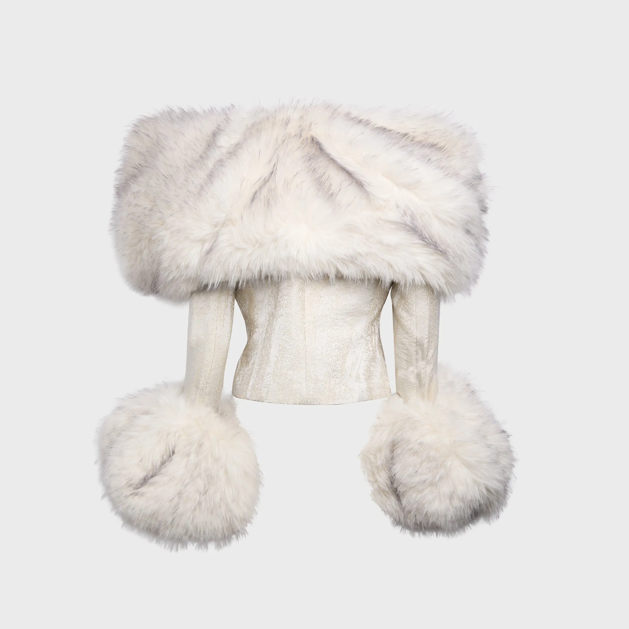 Fleece Backing EcoFriendly Water Repellency Kim Shui Angelina Faux Fur Trim Brocade Jacket - White