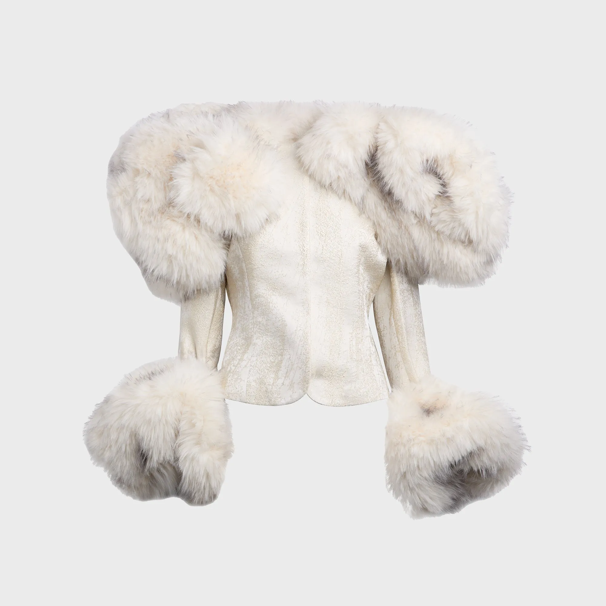 Airy Cloth Pre Shrunk Cotton Blend Kim Shui Angelina Faux Fur Trim Brocade Jacket - White