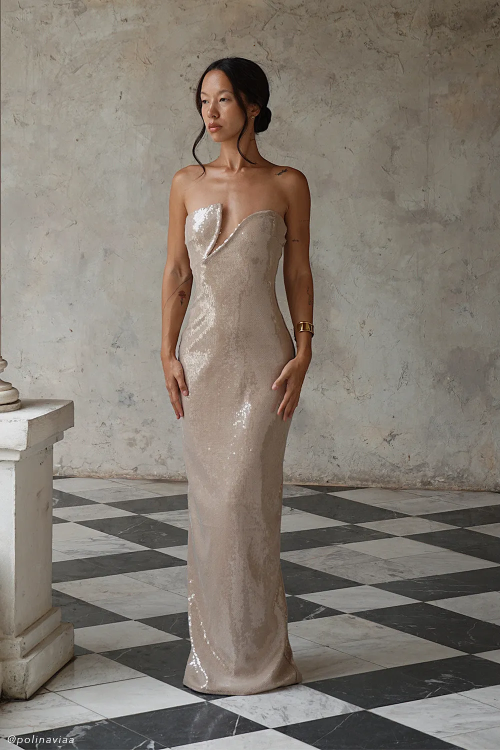 Winston Strapless Sequin Maxi Dress - Taupe Neutral Look Modern Lines