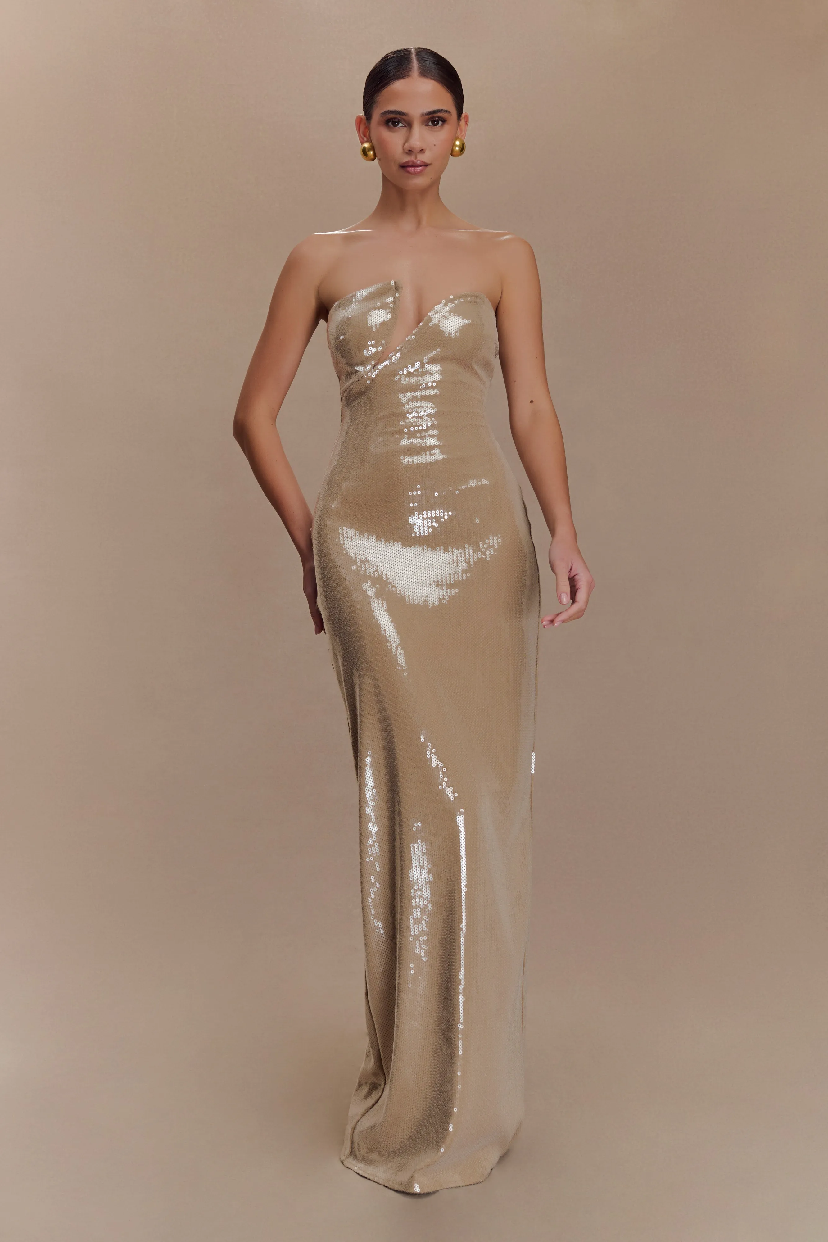 Winston Strapless Sequin Maxi Dress - Taupe Dressy Yet Comfortable