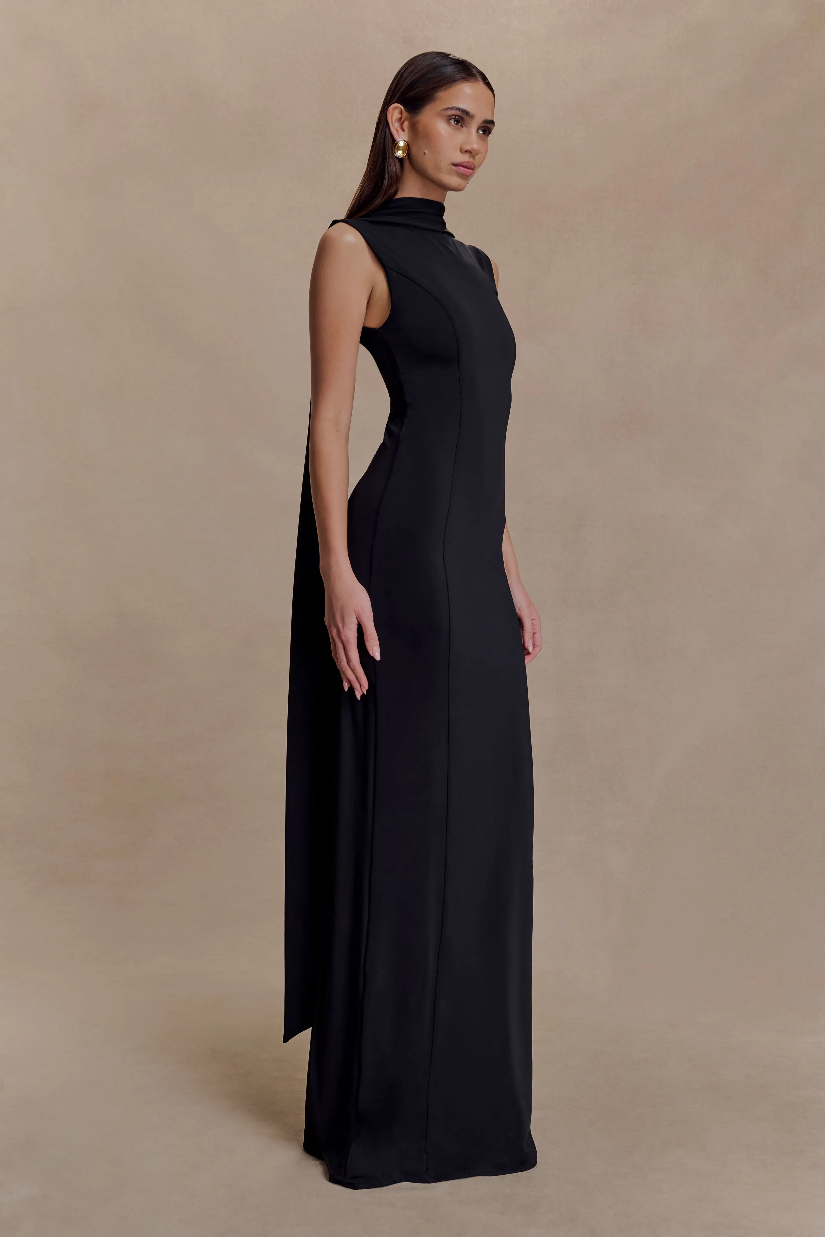 Wisteria Slinky Maxi Dress With Scarf - Black Lounge Base Lightweight-Layer