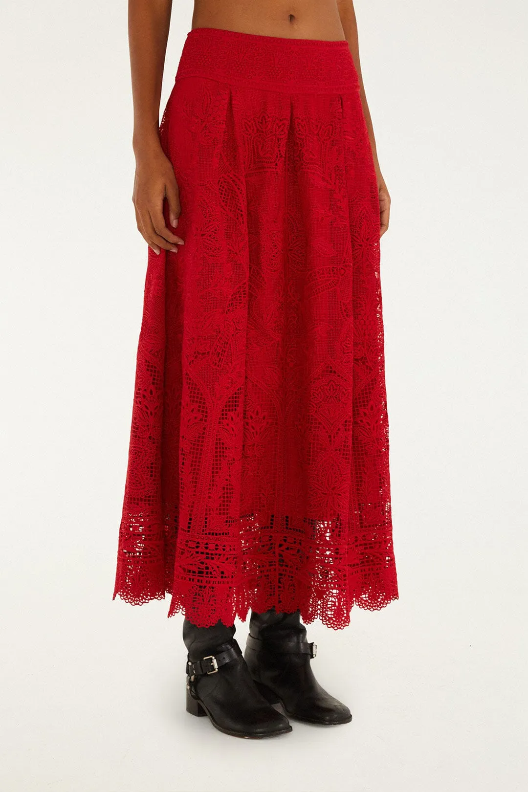 Red Guipure Boho Garden Skirt Weekend Outfit