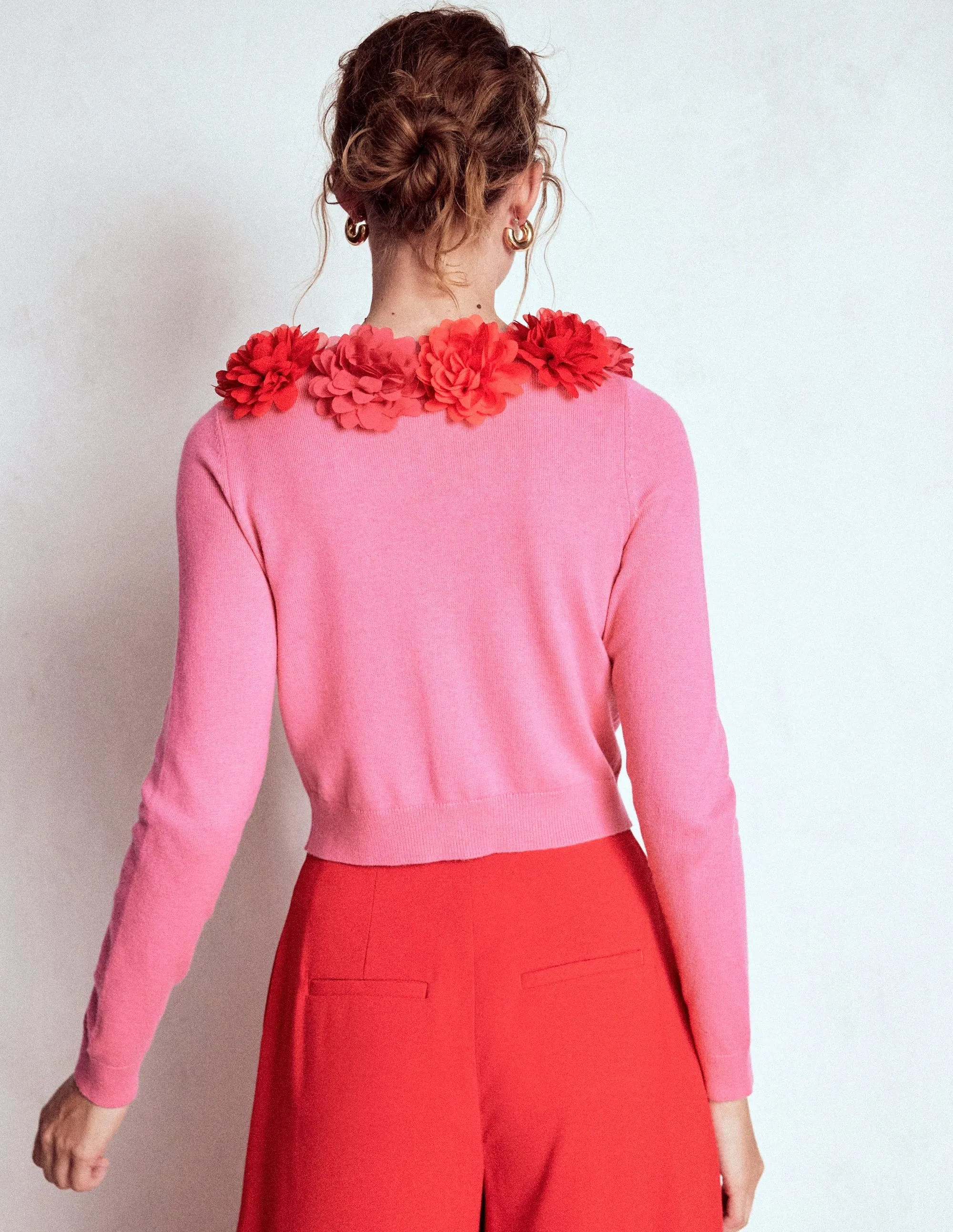 Quiet Tone Crew Neck Cropped Cardigan-Pink Ribbon