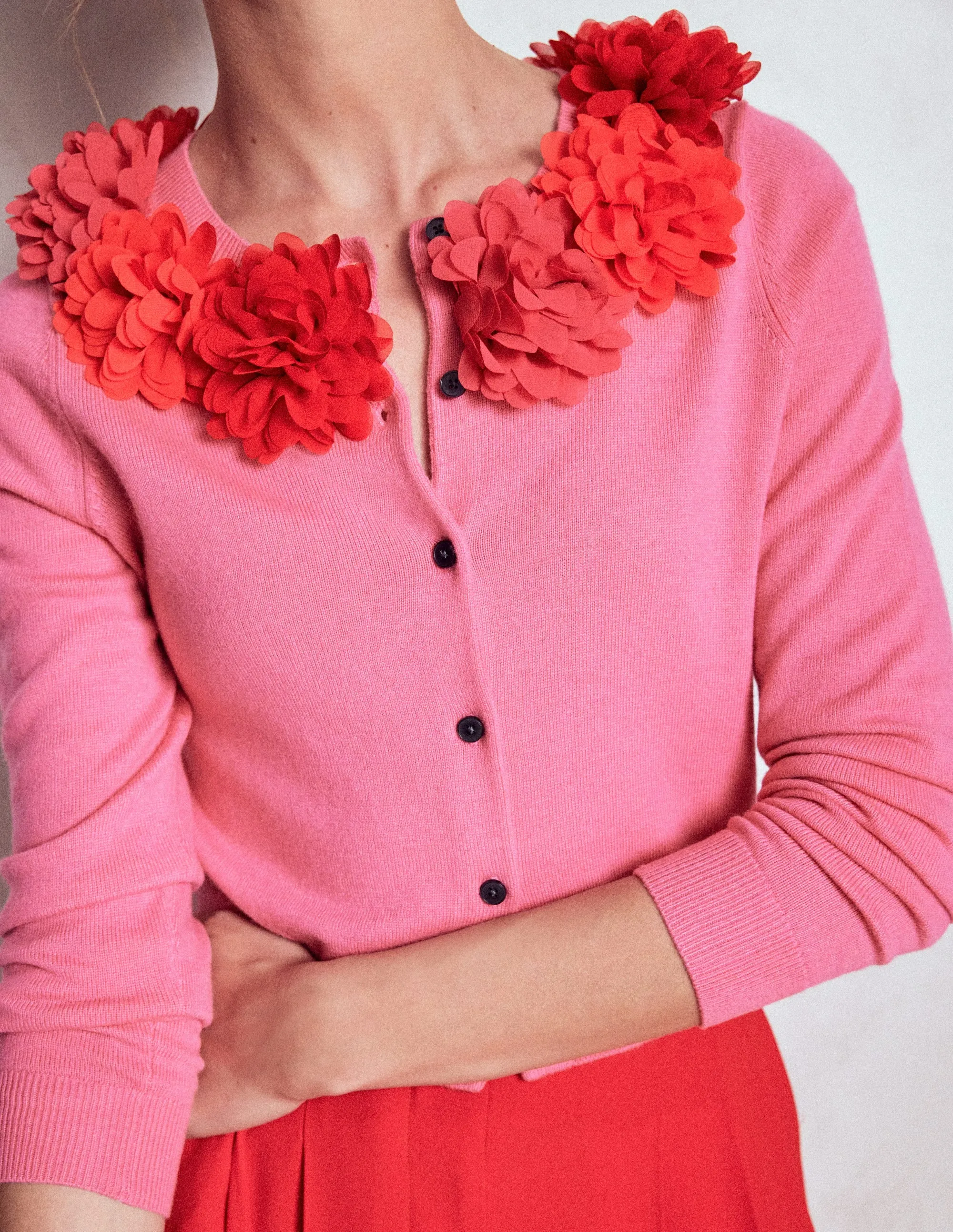 Subtle Elegance Crew Neck Cropped Cardigan-Pink Ribbon