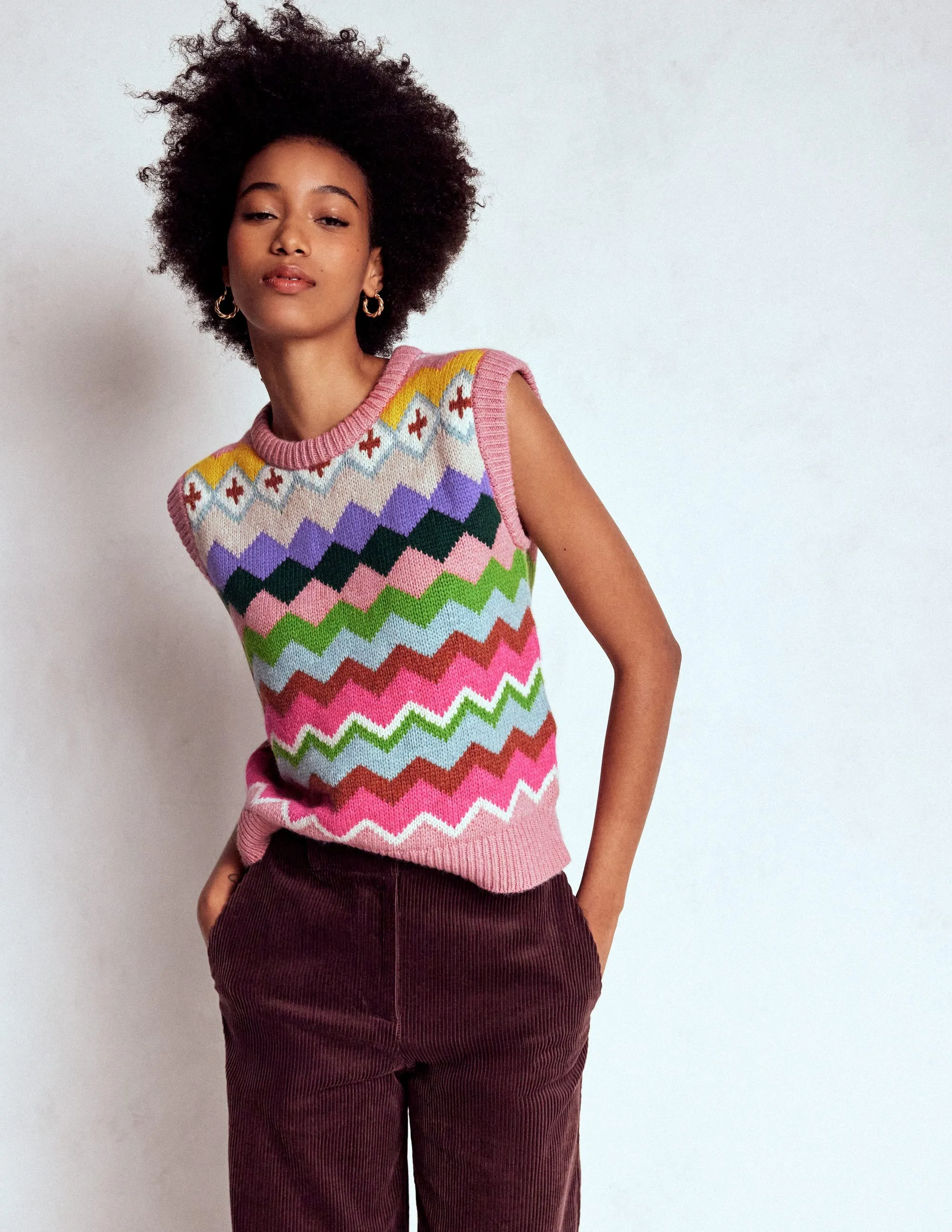 Chunky Cable Knit Eleanor Fair Isle Tank-Pink Heritage Fair Isle