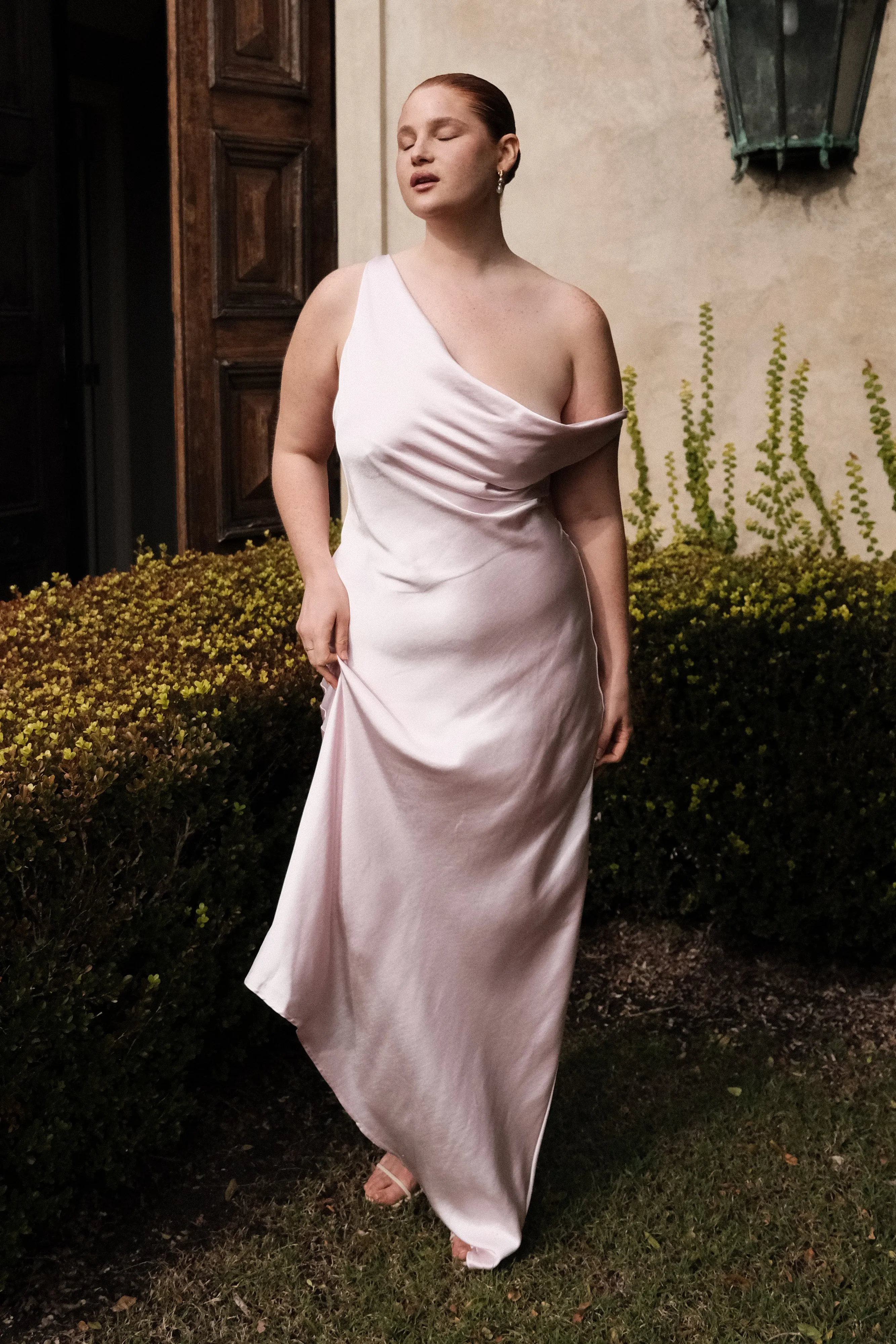 Elegant brunch outfit Flattering Shape Yvette Slip Maxi Dress With Asymmetrical Hem - Pale Pink