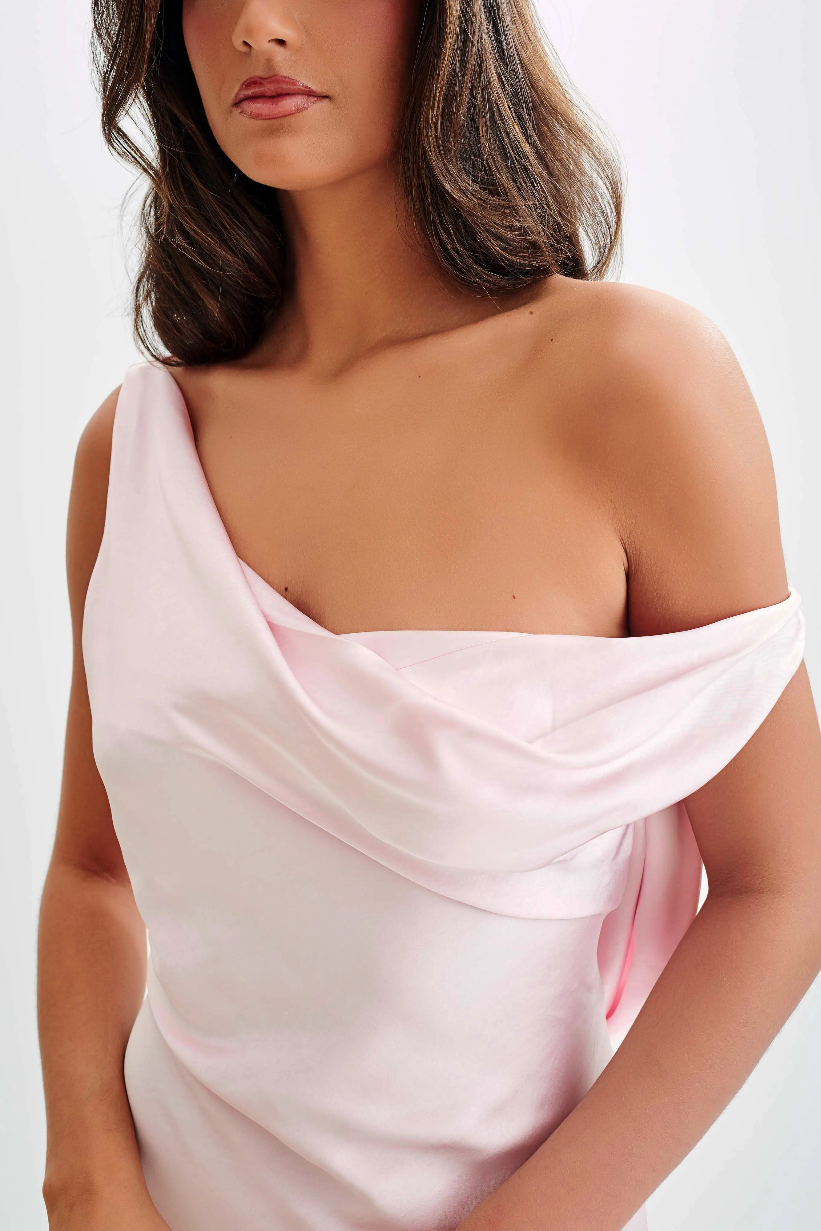 Yvette Slip Maxi Dress With Asymmetrical Hem - Pale Pink Applique-Detail Statement Mood