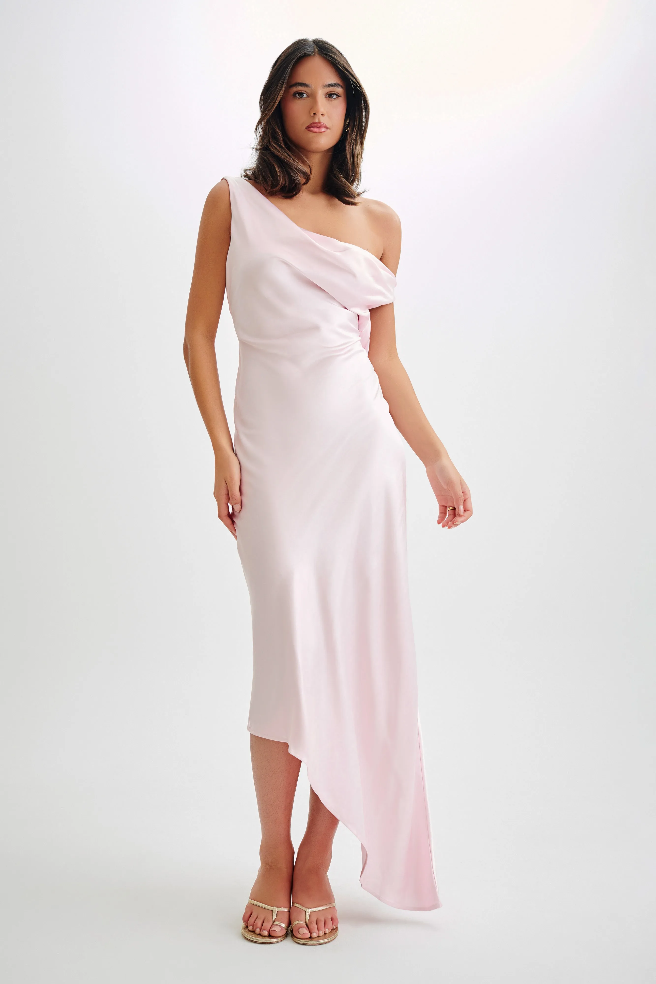 Yvette Slip Maxi Dress With Asymmetrical Hem - Pale Pink Dressy Glow