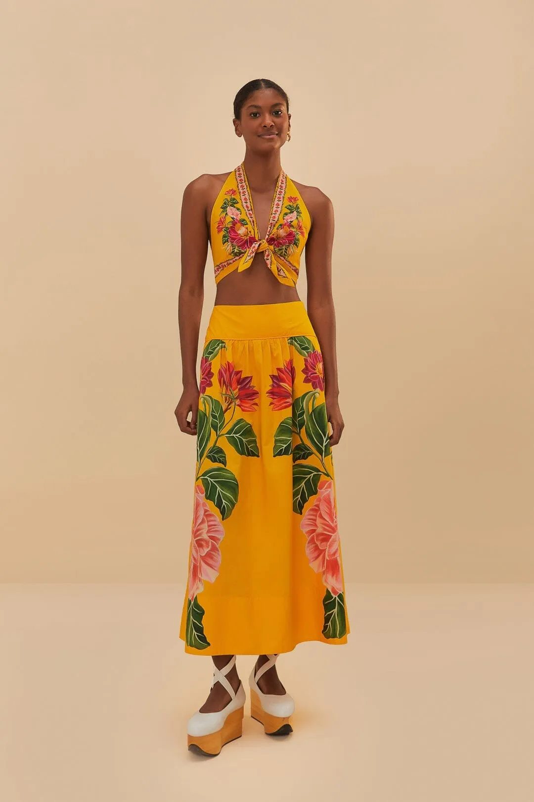 Yellow Spring Awakening Organic Cotton Crop Top Breathable mesh lining