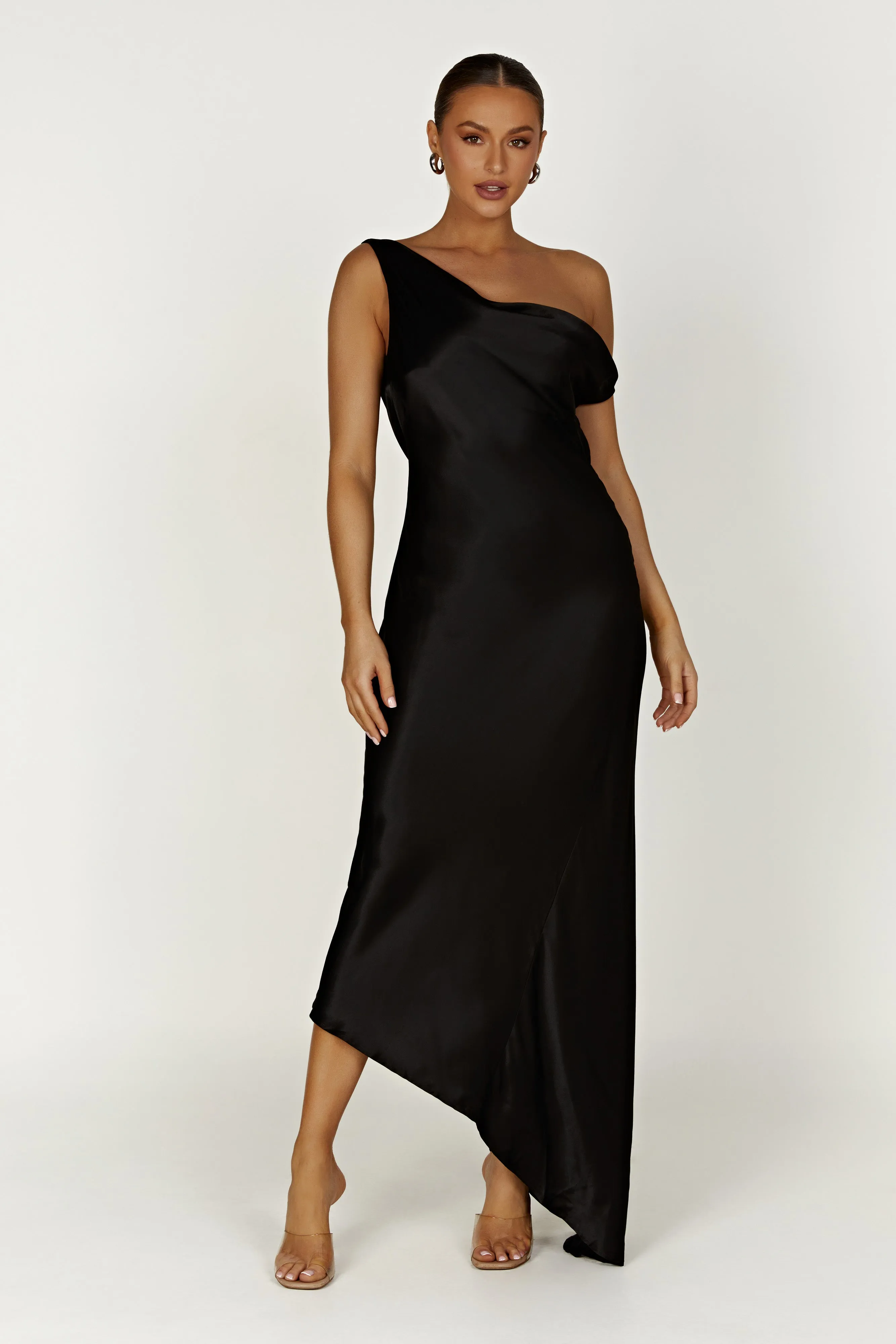 Yvette Slip Maxi Dress With Asymmetrical Hem - Black Match Quick Work or Casual
