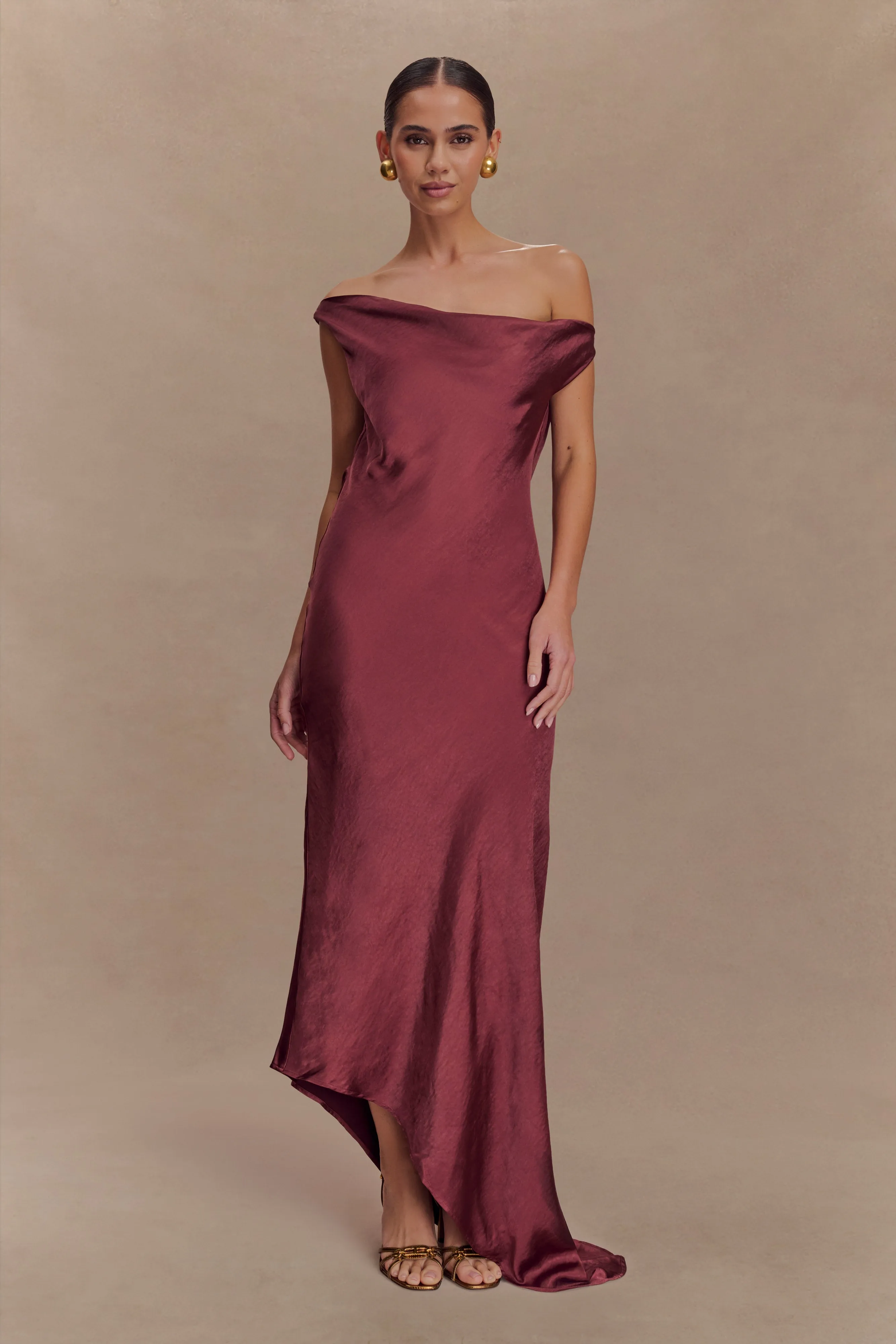 Yvette Slip Maxi Dress With Asymmetrical Hem - Brown Cherry Comfy Comfort Evening Motion